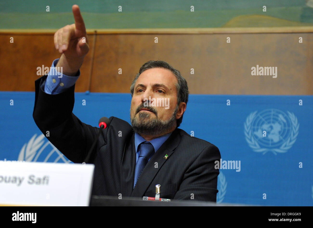 Geneva, Syrian National Coalition. 25th Jan, 2014. Louay Safi, spokesperson for the Syrian National Coalition, attends a press conference in Geneva on Jan. 25, 2014. Representatives from the Syrian government and its opposition sat down face-to-face at a negotiating table for the first time in three years to talk about humanitarian issues Saturday afternoon. Credit:  Qian Yi/Xinhua/Alamy Live News Stock Photo