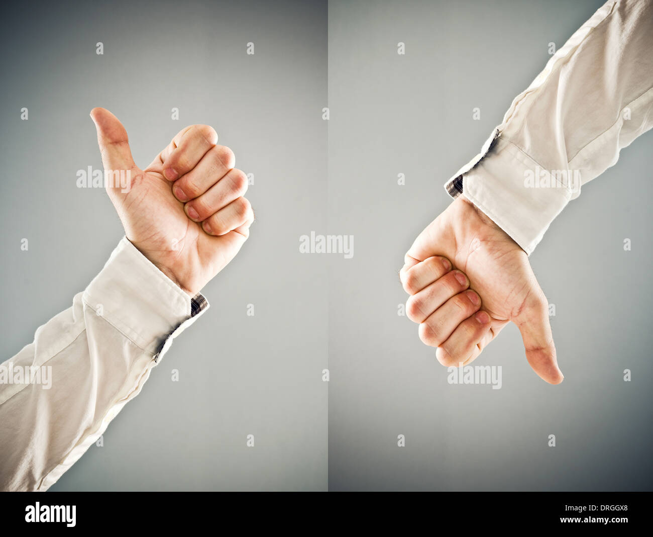 Businessman showing thumb down and thumb up symbol. Approval and disapproval concept. Stock Photo
