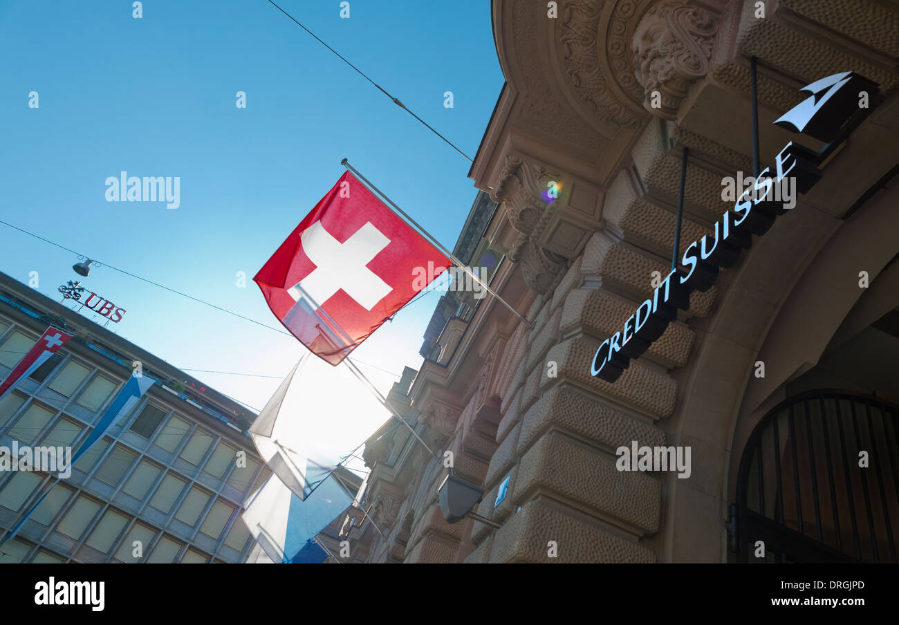 Company headquarters of Switzerland's two largest banks UBS (background) and Credit Suisse at Zurich, Switzerland, Paradeplatz. Stock Photo