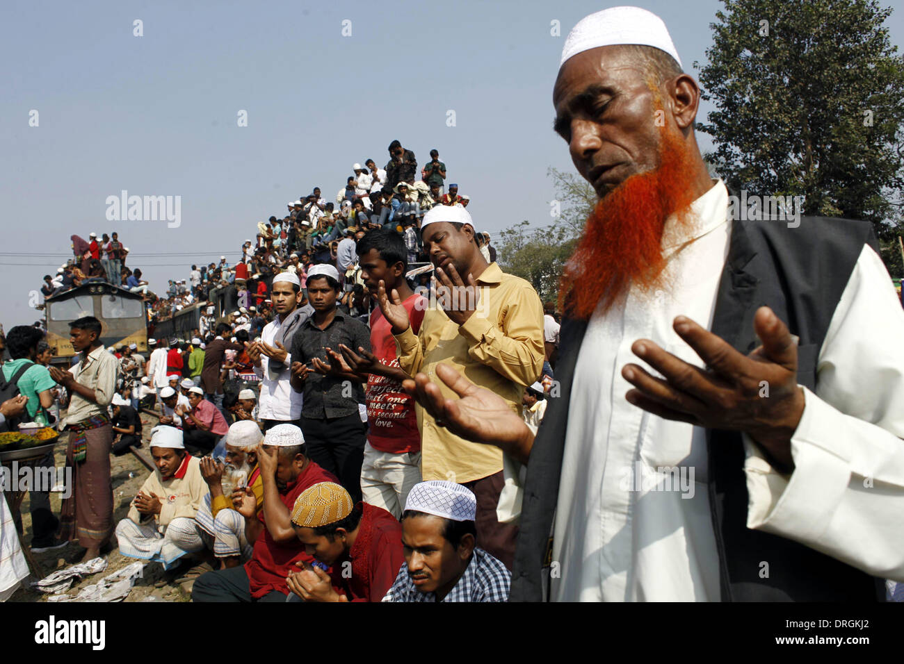 Dhaka,Bangladeshi Muslim devotees attend the Akheri Munajat concluding prayers on the third day of Biswa Ijtema, the second largest Muslim congregation after the Hajj, at Tongi with more than two million Muslims from Bangladesh and abroad. The Biswa Ijtema, the world’s second largest religious gathering of Muslims concluded with the prayer of Akheri Munajat on the bank of river Turag. The event focuses on prayers and meditation and does not allow political discussion.  Thousands of Muslims joined the prayer at the Biswa Ijtema grounds and surrounding areas. Stock Photo
