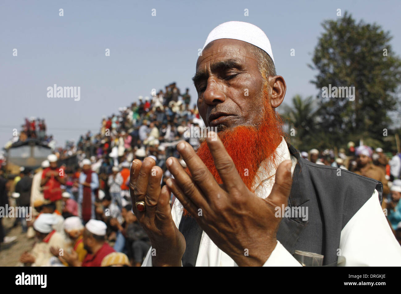Dhaka,Bangladeshi Muslim devotees attend the Akheri Munajat concluding prayers on the third day of Biswa Ijtema, the second largest Muslim congregation after the Hajj, at Tongi with more than two million Muslims from Bangladesh and abroad. The Biswa Ijtema, the world’s second largest religious gathering of Muslims concluded with the prayer of Akheri Munajat on the bank of river Turag. The event focuses on prayers and meditation and does not allow political discussion.  Thousands of Muslims joined the prayer at the Biswa Ijtema grounds and surrounding areas. Stock Photo