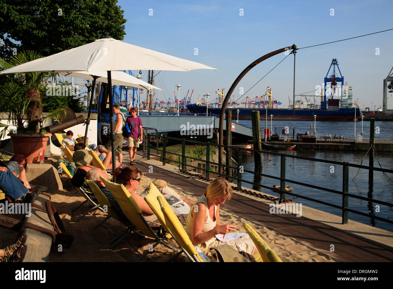 City beach at historic harbor Oevelgoenne, Hamburg harbor, Germany ...