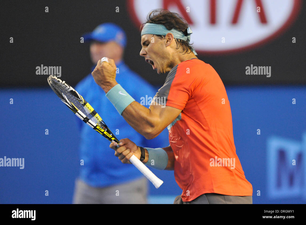 Melbourne, Australia. 26th Jan, 2014. Australian Open mens singles final.  Rafael Nadal (ESP) versus Stanislas Wawrinka (SUI). Rafael Nadal of Spain  in action at the mens singles finals on day 14 of