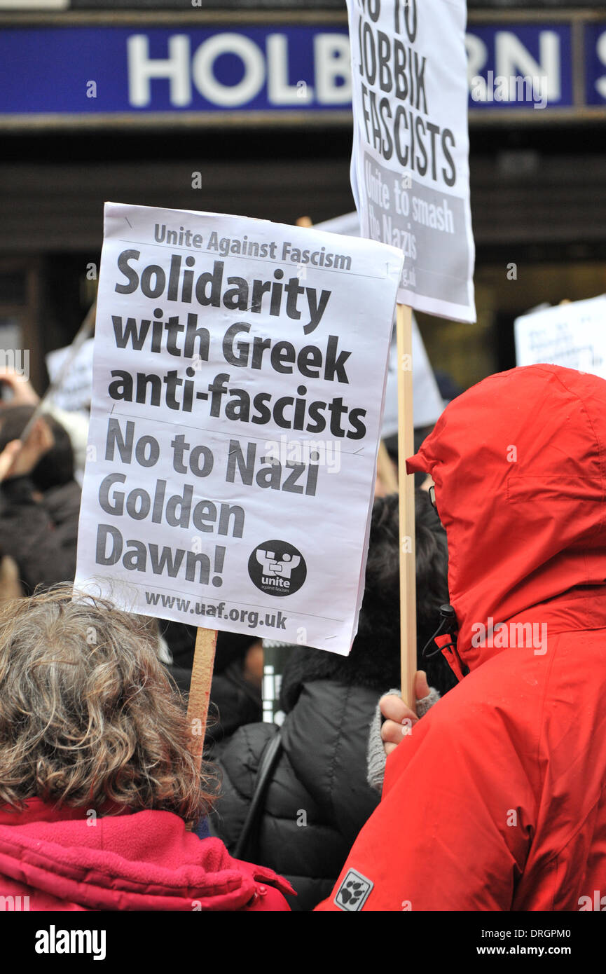 Holborn, London, UK. 26th January 2014. Anti fascist banners outside Holborn station against Jobbik, the right wing Hungarian group who find themselves trapped and outnumbered by anti-fascist protesters. Credit:  Matthew Chattle/Alamy Live News Stock Photo