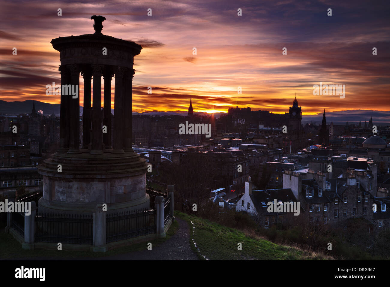 Picturesque view over evening Edinburgh old town with the Castle from Calton hill , Scotland, Europe Stock Photo