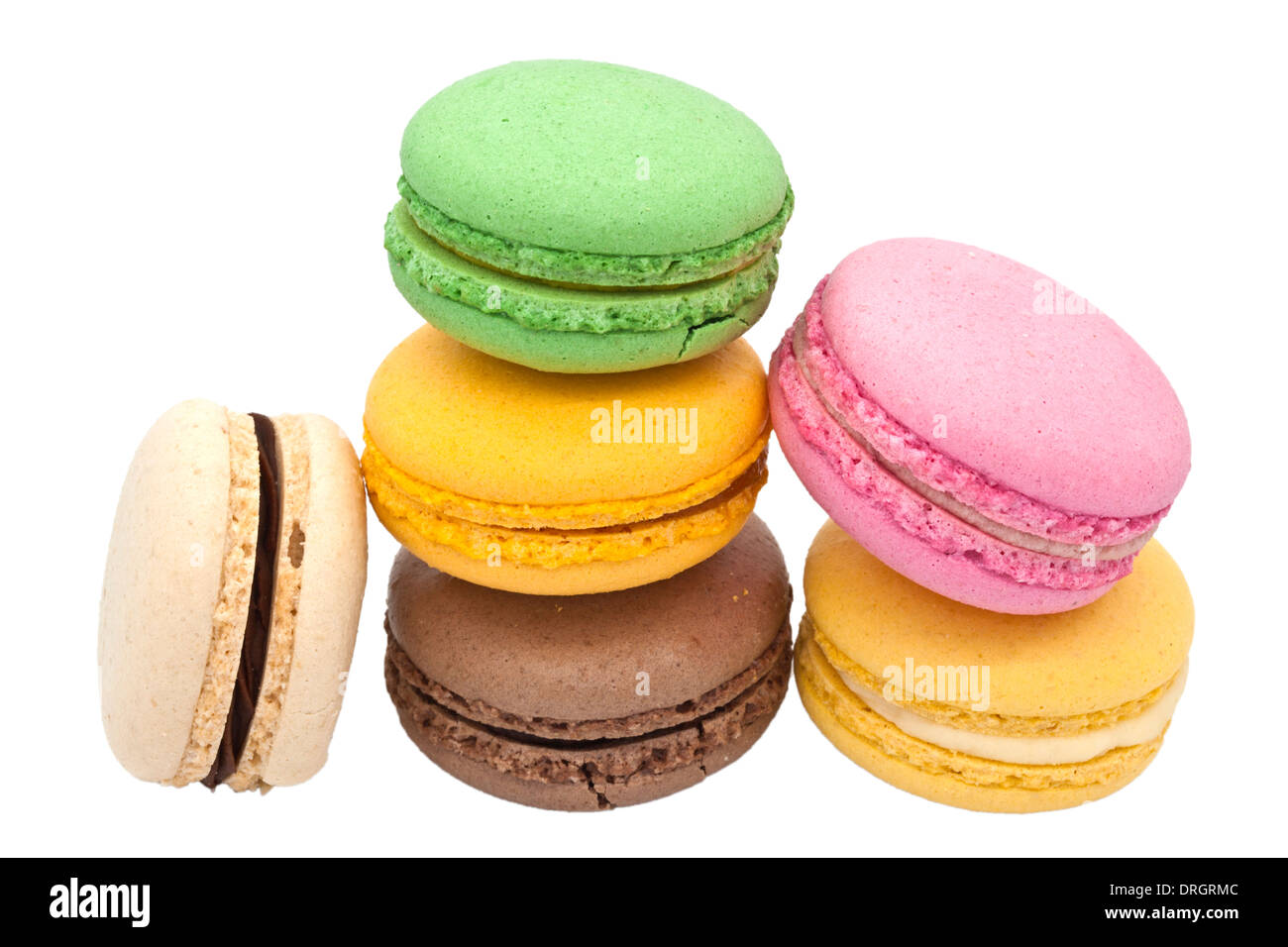 Stack of multicolored macaroon biscuits isolated on white. Stock Photo