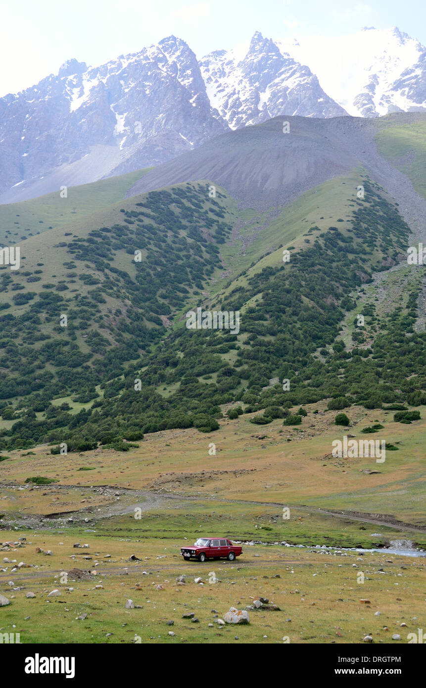 Riding af Lada in the mountains of southern Kyrgyztan Stock Photo