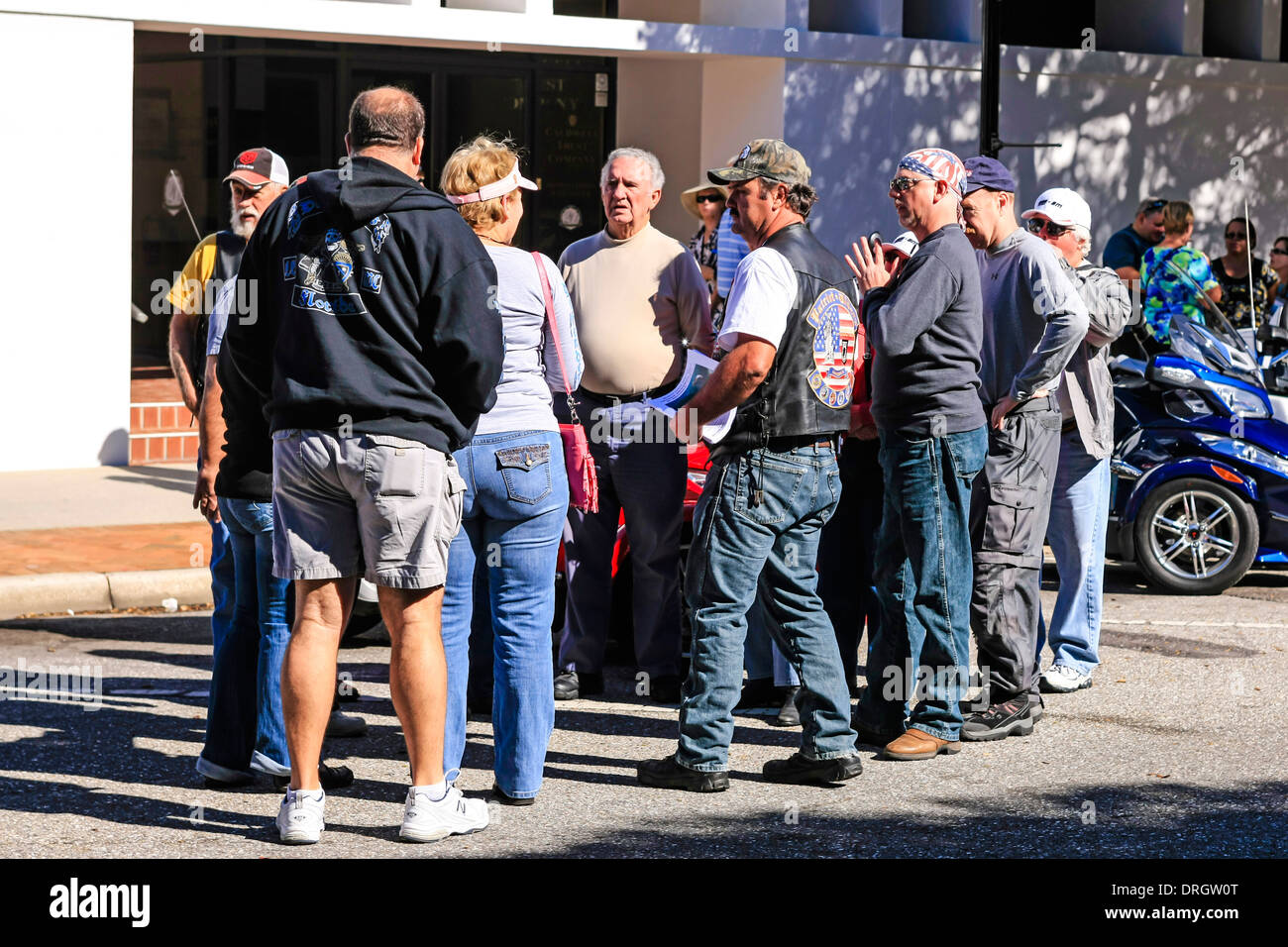 Group of Bikers talking at the Thunder by the Bay motorcycle event in Sarasota Florida Stock Photo