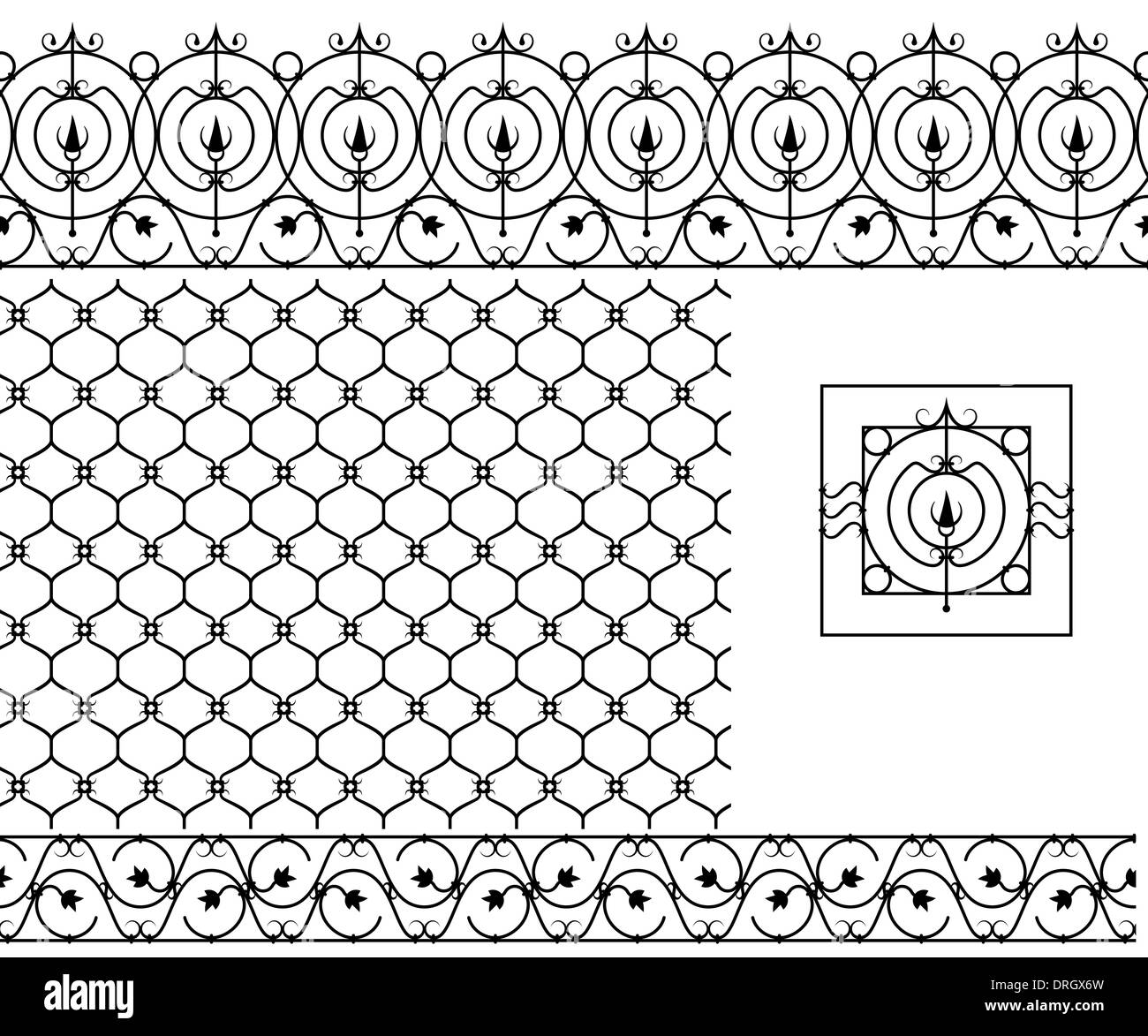 Seamless patterns set for wrought iron railing, grating, lattice, gates, fence. Black silhouette Stock Photo