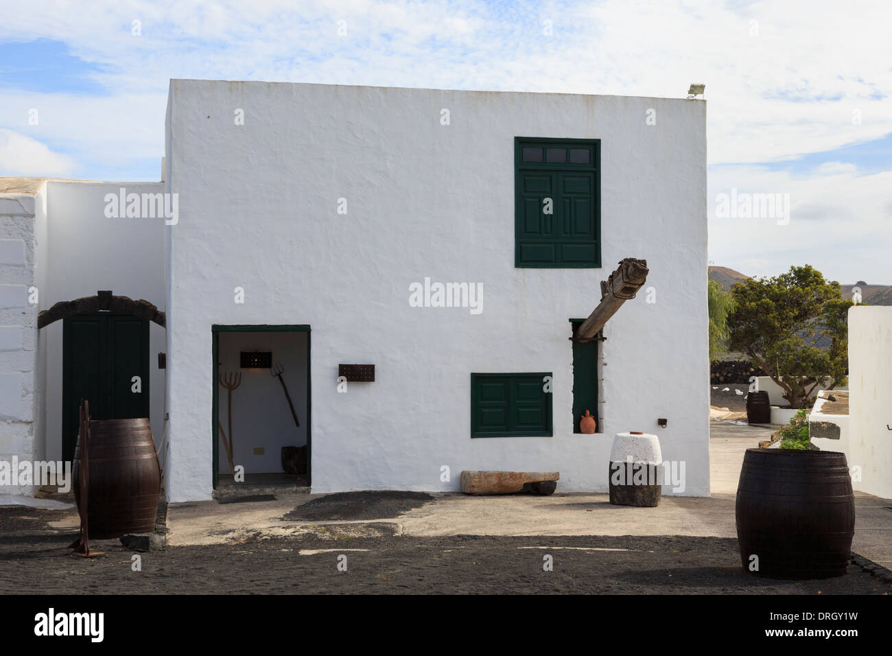 Old beam press outside Museo del Vino El Grifo in wine growing region of La Geria near San Bartolome, Lanzarote, Canary Islands Stock Photo