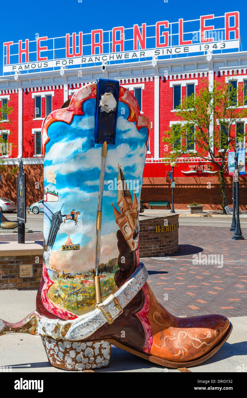 Giant cowboy boot and The Wrangler store in Cheyenne Depot Plaza, historic downtown Cheyenne, Wyoming, USA Stock Photo