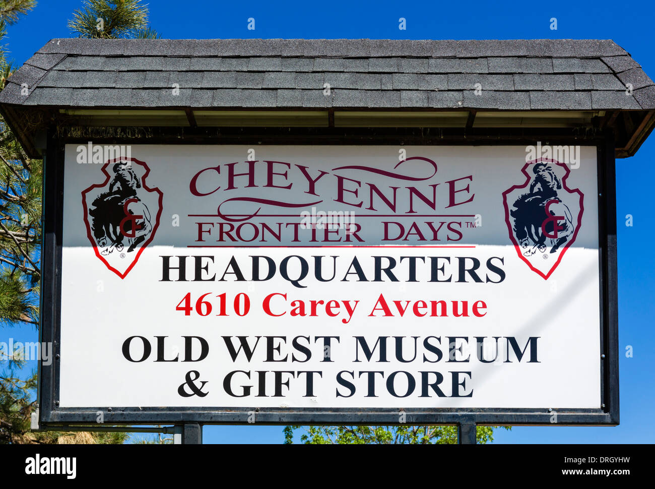 Sign outside the museum and headquarters of Cheyenne Frontier Days, Carey Avenue, Cheyenne, Wyoming, USA Stock Photo