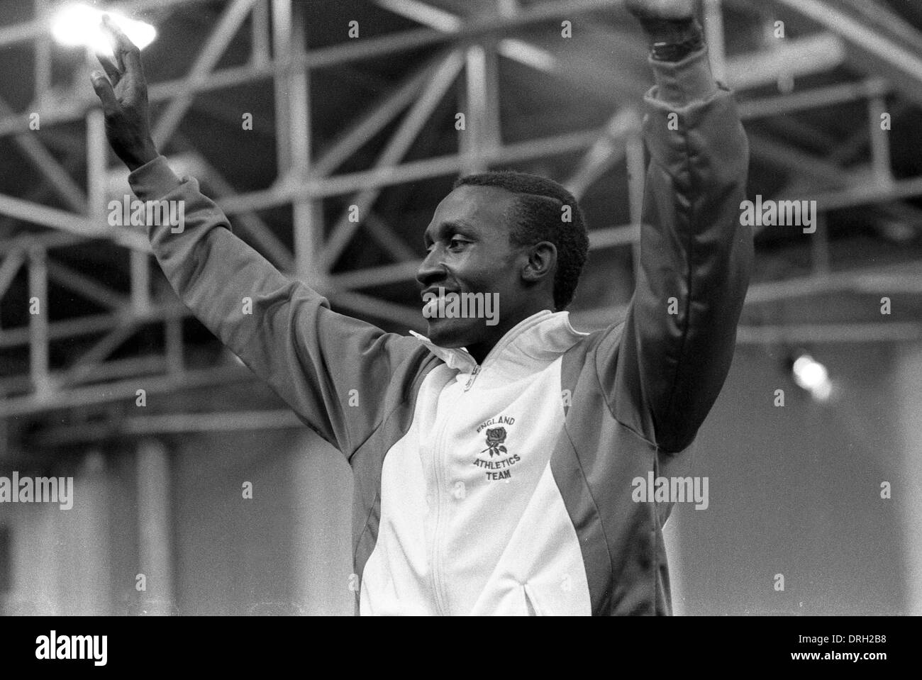 Linford Christie celebrates 200m victory Kodak Classic Athletics Britain v USA at RAF Cosford March 1986 Stock Photo