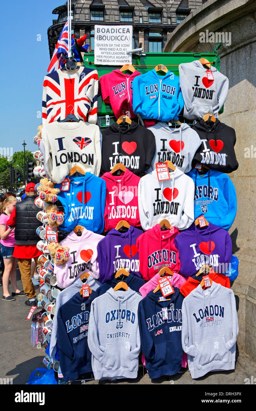 Assorted I Love London T shirts on souvenir stall set up around the base of the Boadicea Chariot sculpture at Westminster Bridge Stock Photo