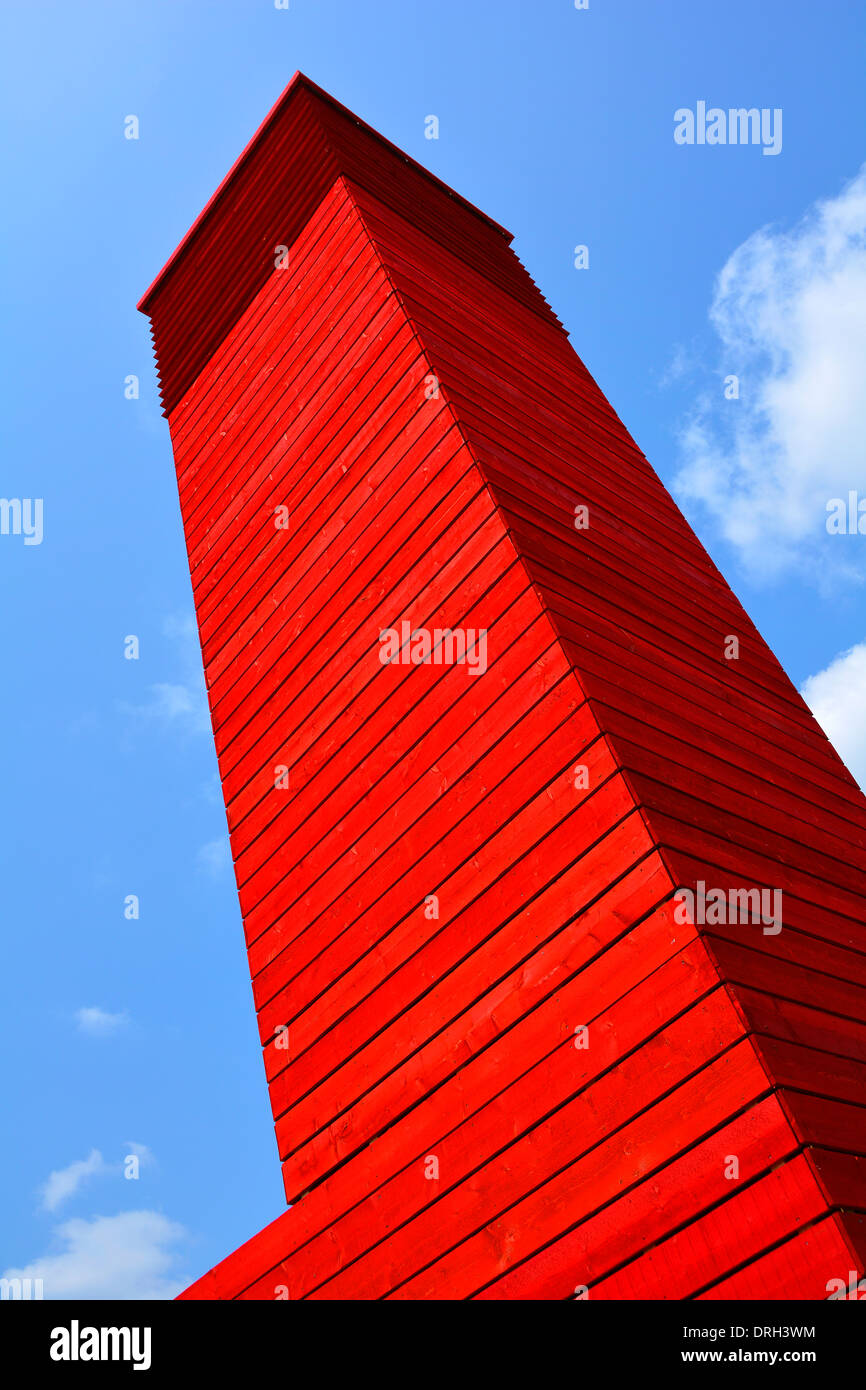 Abstract architecture angled view on blue sky of a tower part of Red Shed temporary theatre building at National Theatre South Bank Lambeth London UK Stock Photo