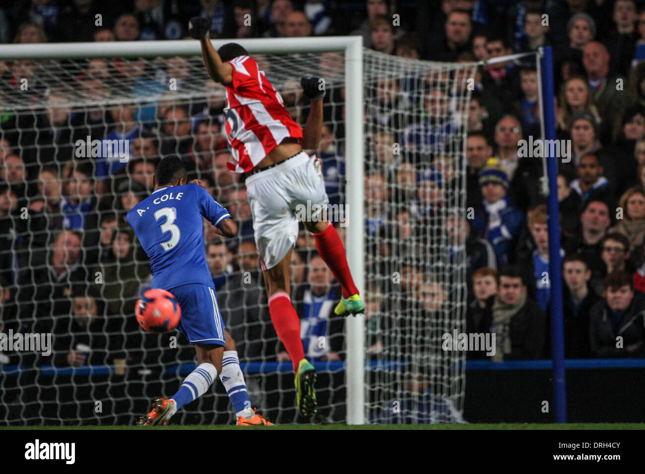 London, UK. 26th Jan, 2014. Steven N'ZONZI of Stoke City shoots past Ashley COLE of Chelsea during the FA Cup 4th Round match between Chelsea and Stoke City at Stamford Bridge. Final score: Chelsea 1-0 Stoke City. Credit:  Action Plus Sports/Alamy Live News Stock Photo