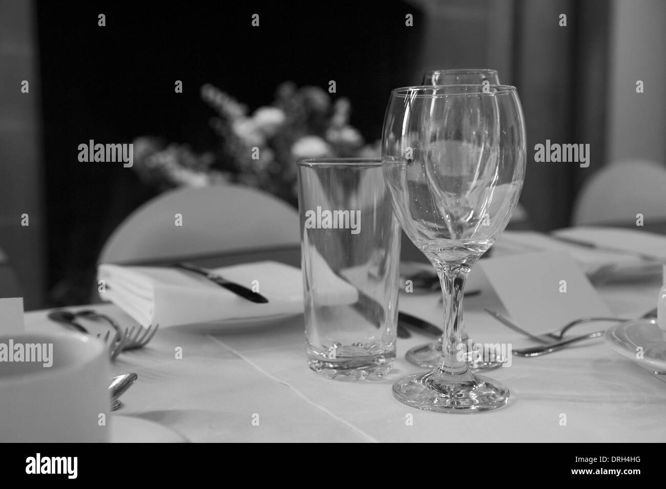 Wine glasses at wedding reception in black and white Stock Photo Alamy