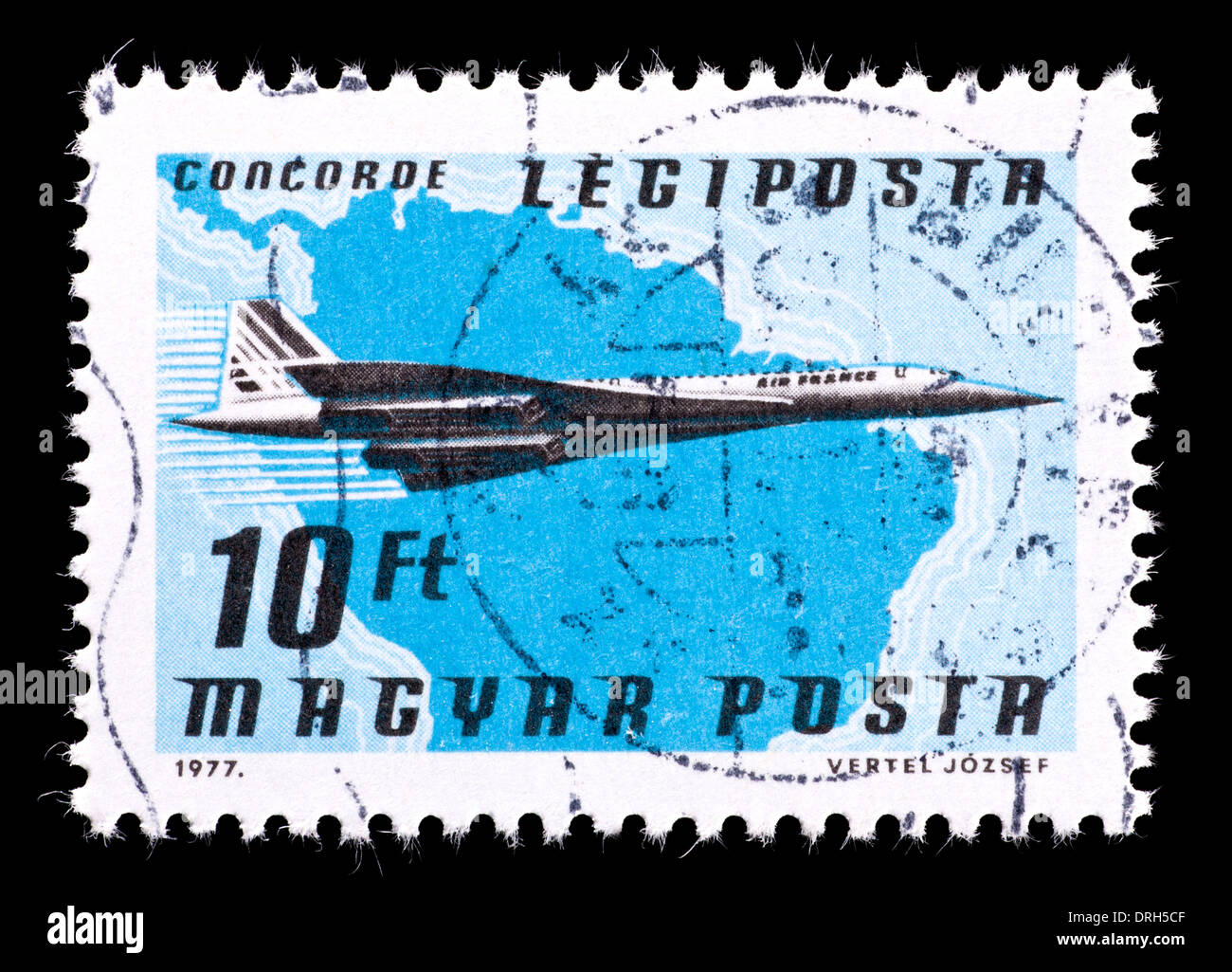 Postage stamp from Hungary depicting an Air France Concorde airplane and map of northern South America. Stock Photo