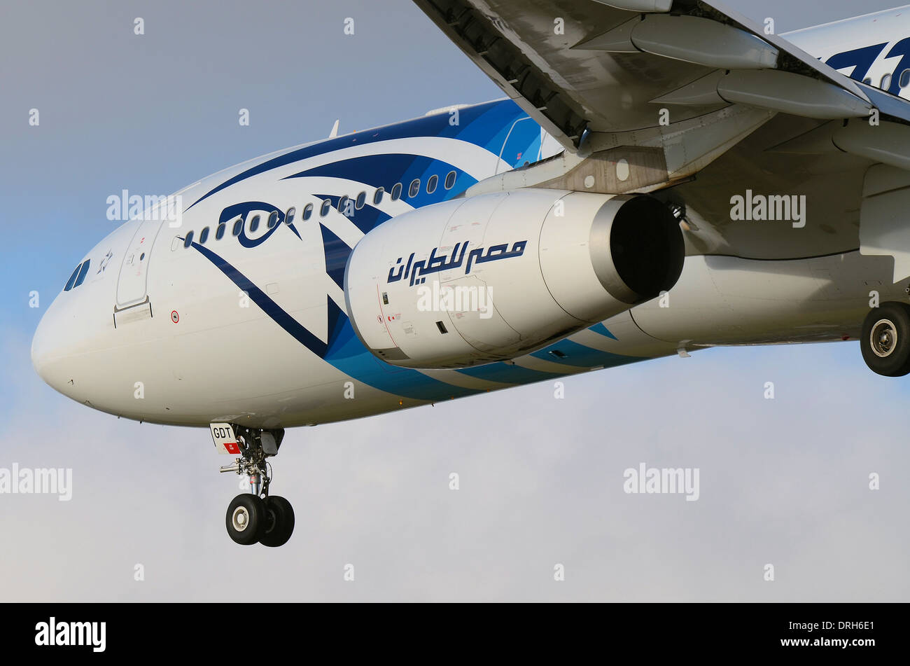 EgyptAir is the flag carrier airline of Egypt. Airbus A330 airliner jet plane landing at London Heathrow Airport, UK. Horus logo Stock Photo