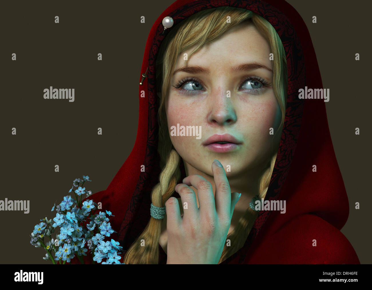 3D computer graphics of a girl with a red hood and a bouquet of forget me not Stock Photo
