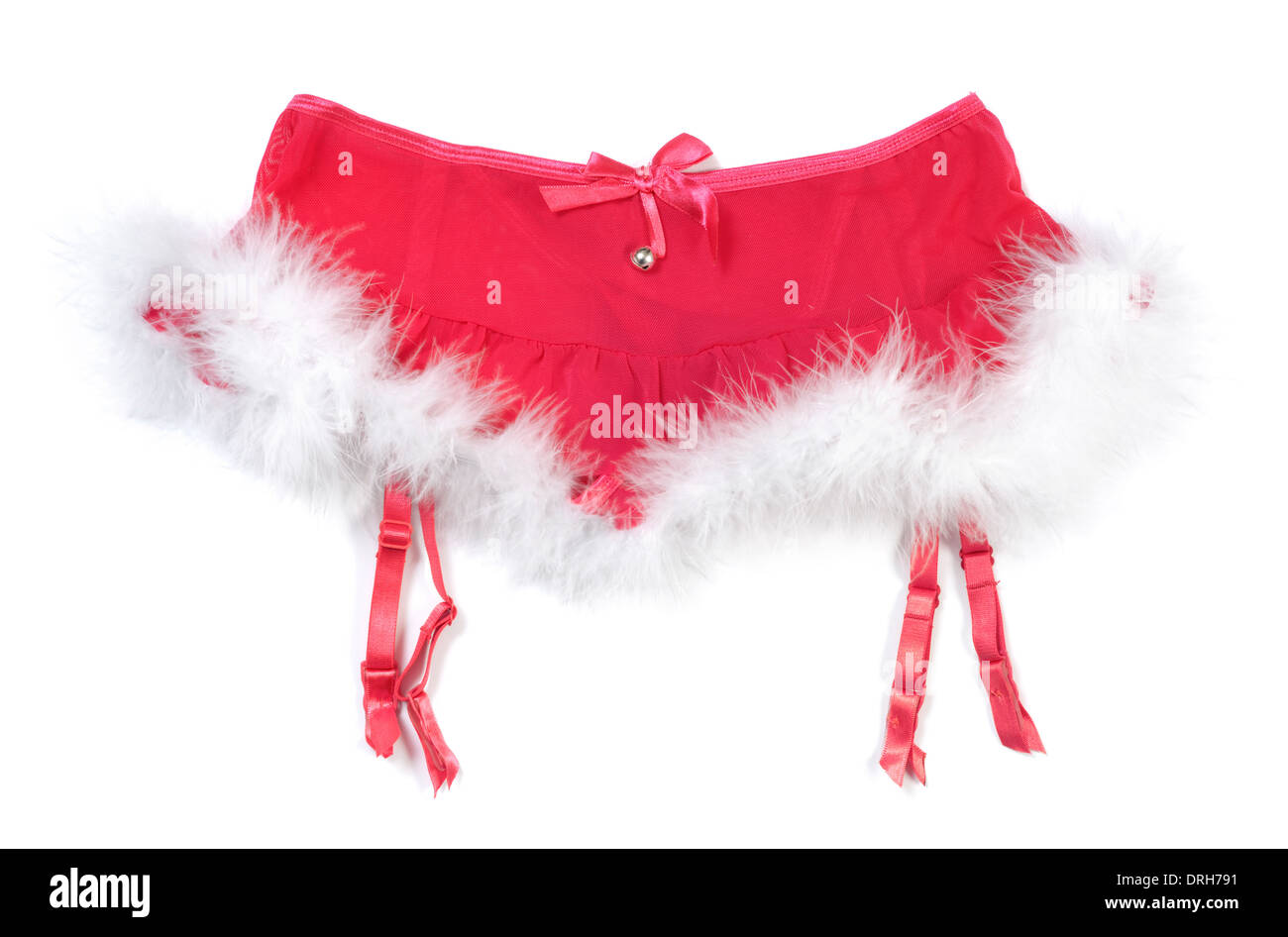 Red fluffy Christmas women skirt sexy romantic lingerie with white fur Isolated on white background Stock Photo