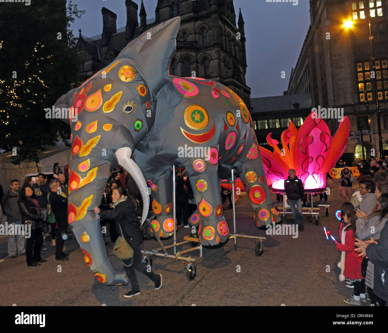 Elephant in the Dashehra Diwali Mela, night parade, Manchester City Centre, NW England, UK ,12/10/2013 Stock Photo