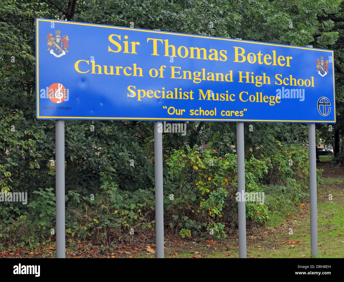 Sir Thomas Boteler ,school sign, in Grammar School Rd, Latchford , Warrington,  England, UK, WA4 1JL Stock Photo