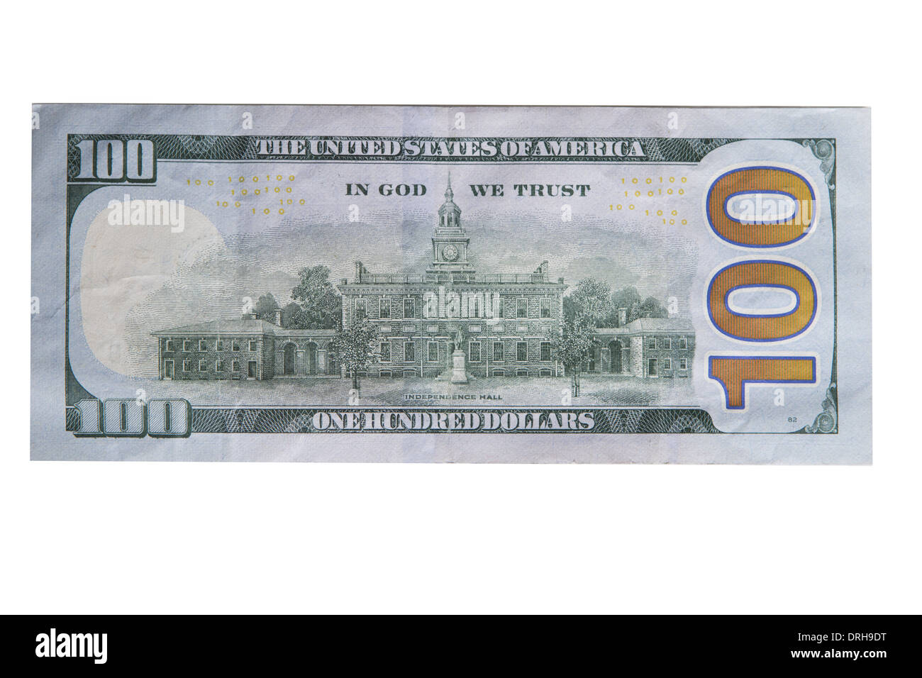 Back of new one hundred dollar bill isolated Stock Photo