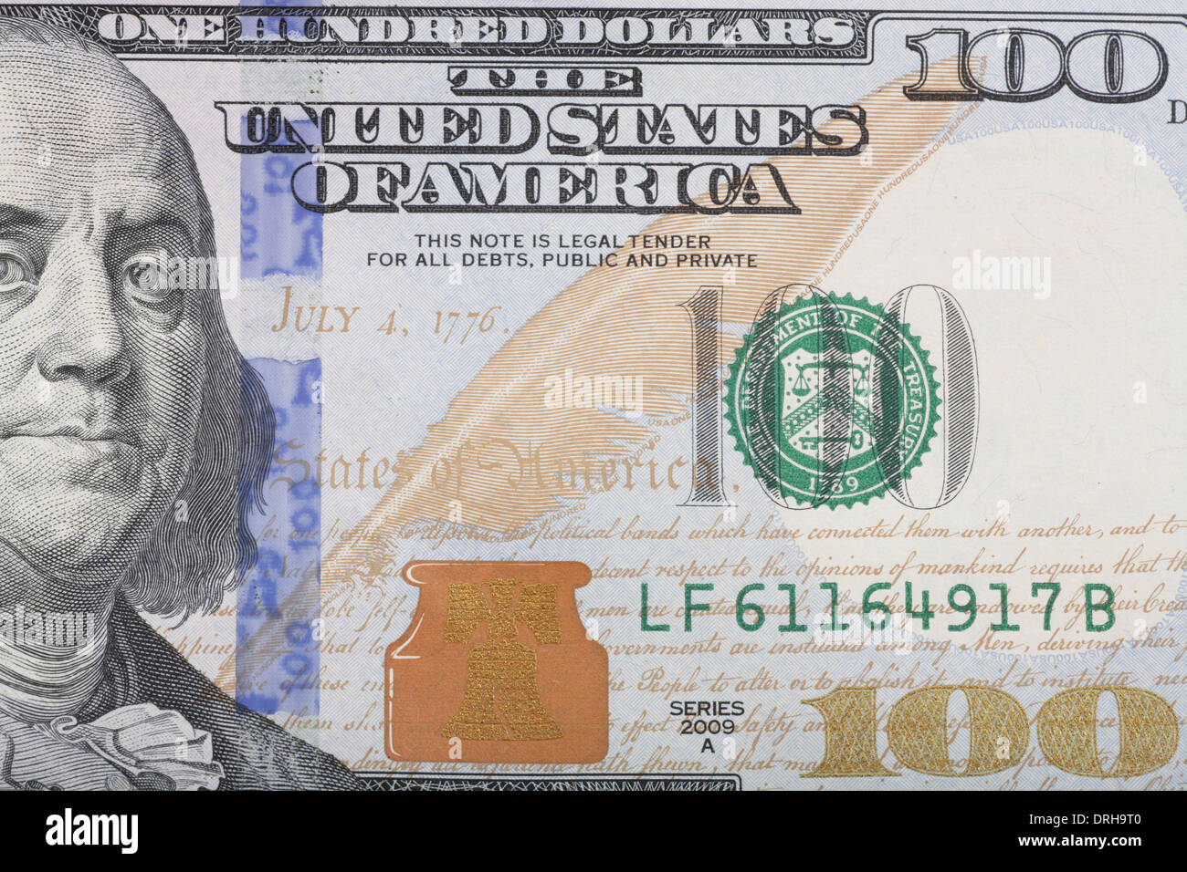 Macro shot of the right half of the new 100 USA dollar bill Stock Photo