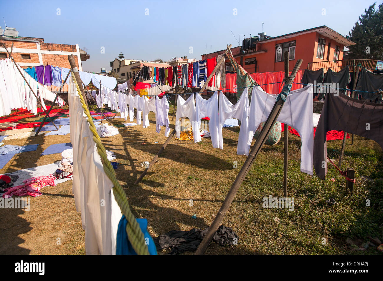 Laundry hanging in the open to dry in Kathmandu Stock Photo
