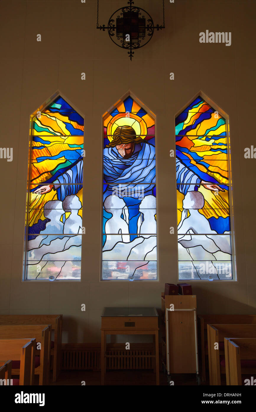 Modern stained glass windows in the 1961 church in Grundarfjordur, Iceland Stock Photo