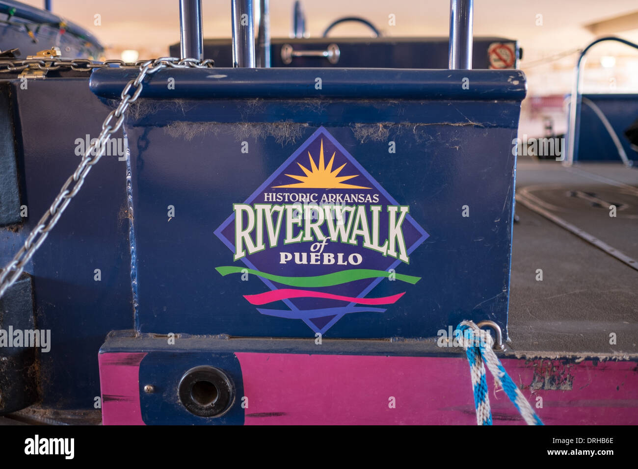 Historic Arkansas Riverwalk of Pueblo logo on the side of a boat. Stock Photo