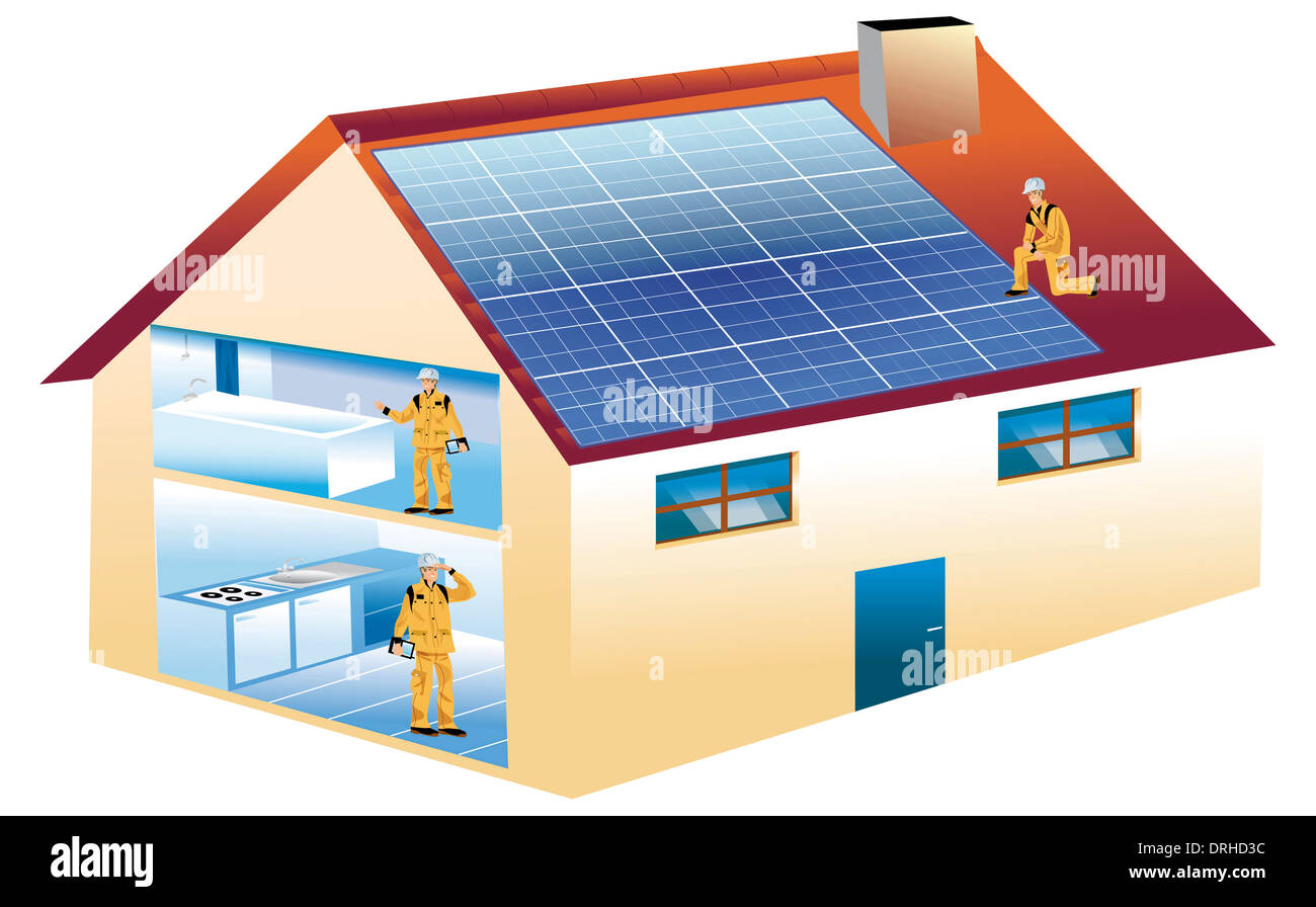 drawing of an ecological house with photovoltaic panels on the roof Stock Photo