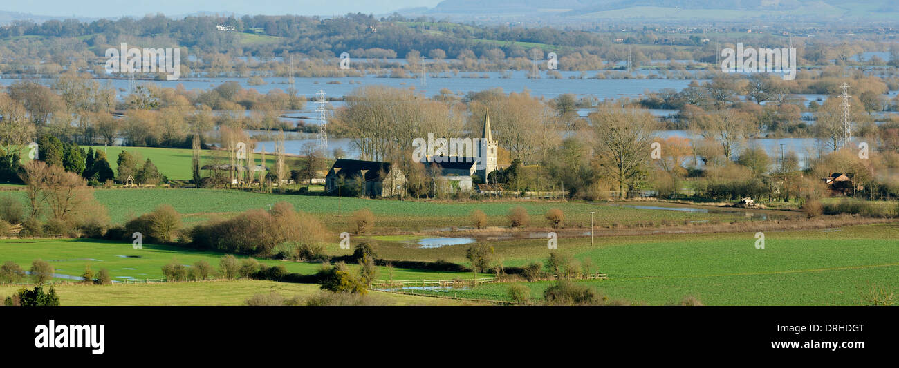 Ashleworth Court, Church & Tythe Barn, with Ashleworth Ham in flood Stock Photo