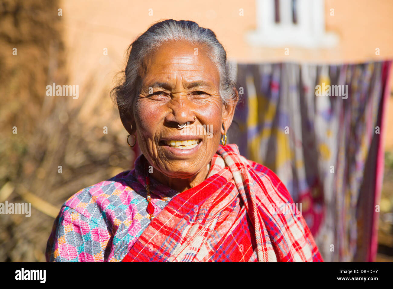 Elderly Nepalese woman in the hills above Kathmandu, Nepal Stock Photo