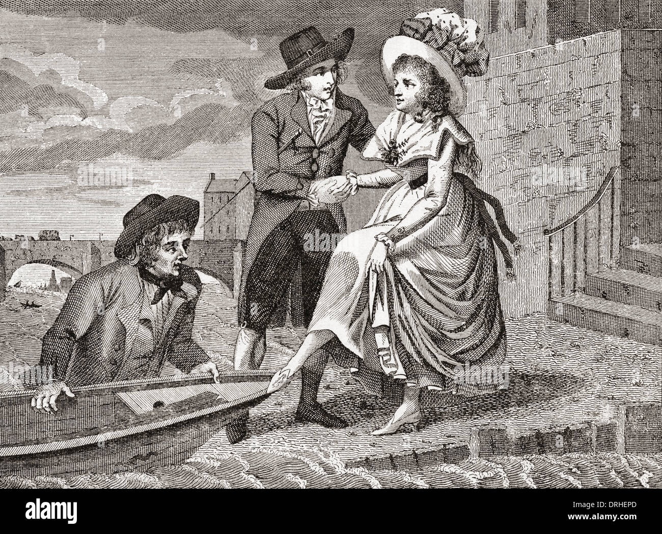 A young man helps a pretty young woman into a wherry which will cross the Thames river in London.  After an 18th century print. Stock Photo