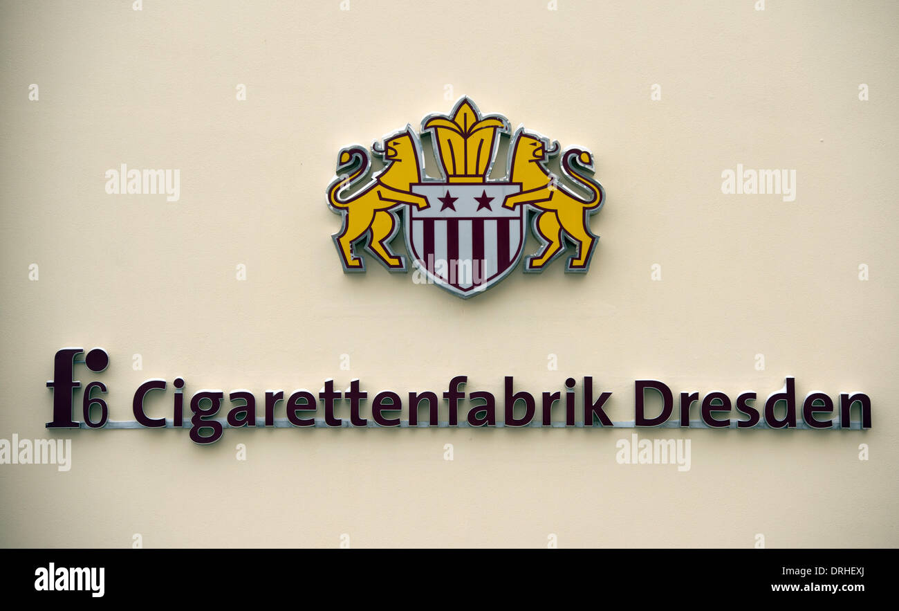 Dresden, Germany. 22nd Jan, 2014. The logo of the f6 cigarette factory ...