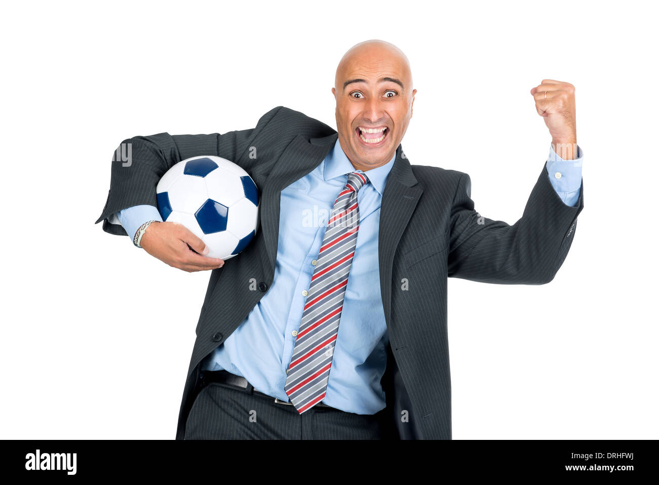 Happy businessman with soccer ball isolated in white Stock Photo - Alamy