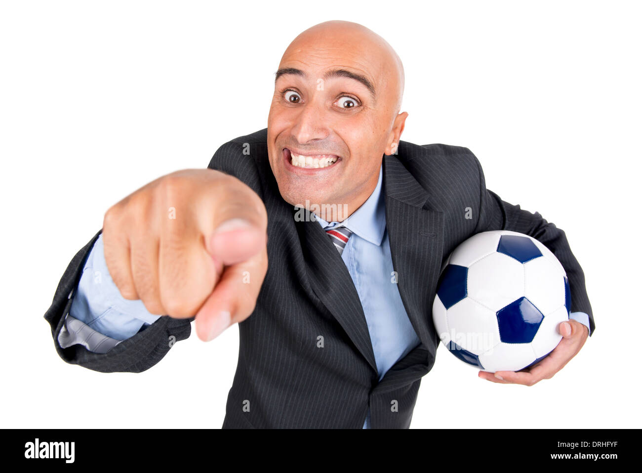 Happy businessman with football ball isolated in white Stock Photo - Alamy