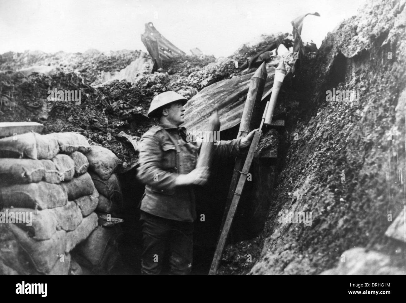 Soldier in trench with signals rockets, WW1 Stock Photo
