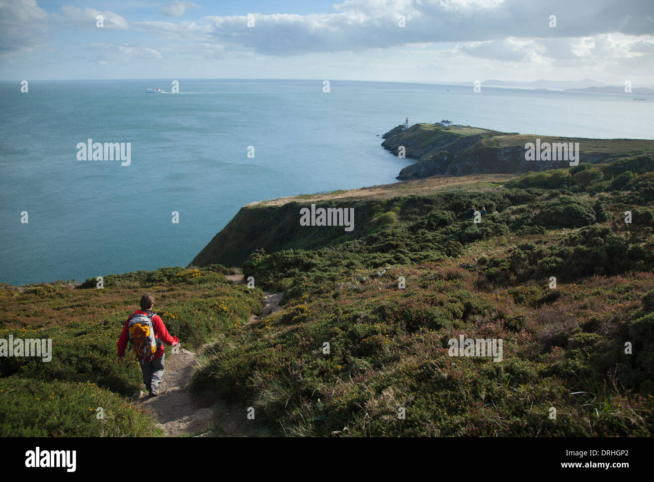 Walker heading towards Baily Lighthouse, Howth Coastal Path, County Dublin, Ireland. Stock Photo