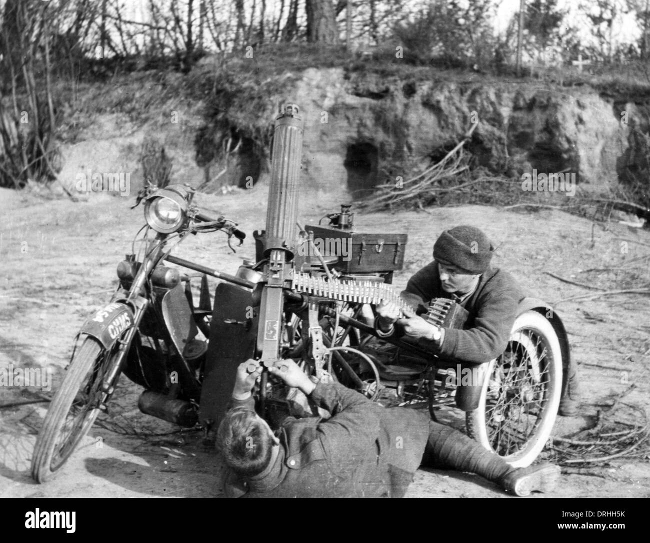 Motorcycle Machine Gun Unit firing at aircraft, WW1 Stock Photo