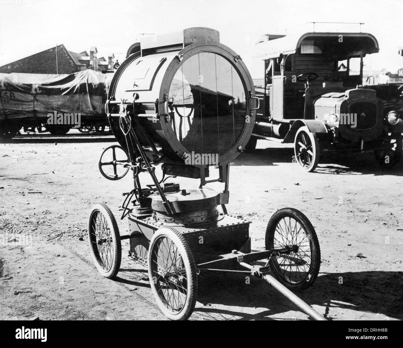 Portable searchlight on wheeled trolley, WW1 Stock Photo