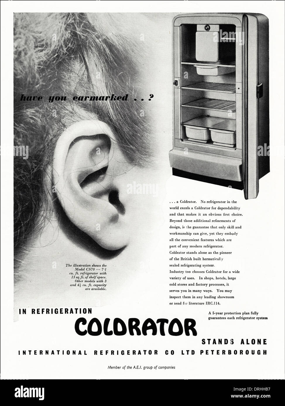 1950s magazine advertisement advertising COLDRATOR domestic refrigerator, advert circa 1952. Stock Photo