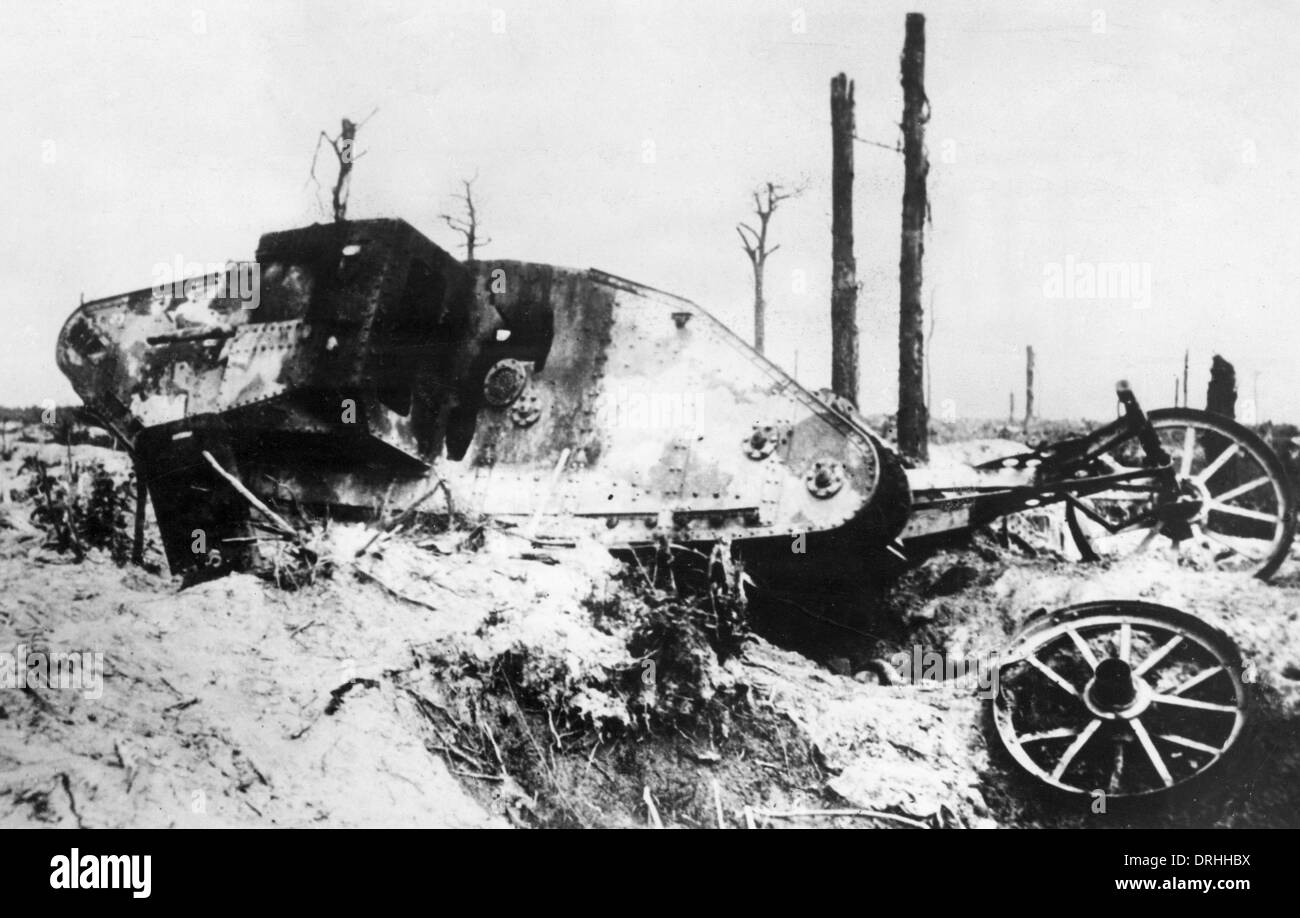 Damaged British male tank, Western Front, WW1 Stock Photo