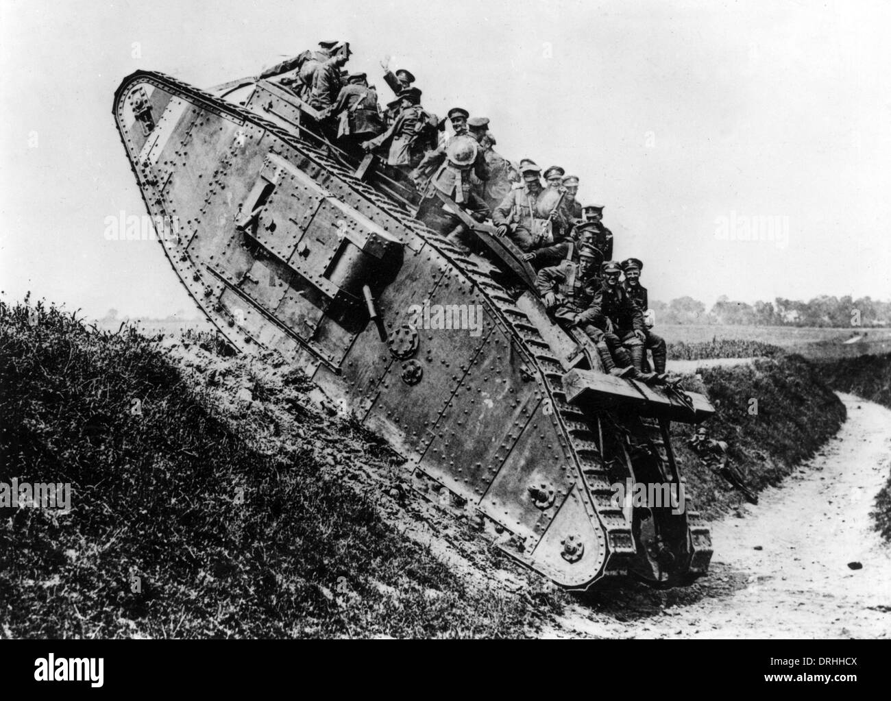 British Mark IV tank with Canadian soldiers, WW1 Stock Photo