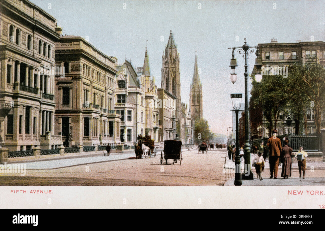 Old fashioned illustration of Fifth Avenue in New York. Stock Photo