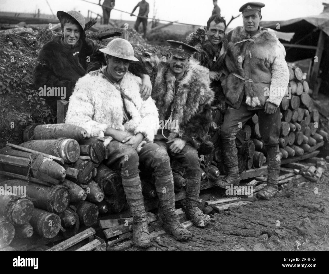 Gunners in sheepskin coats, Bazentin, France, WW1 Stock Photo