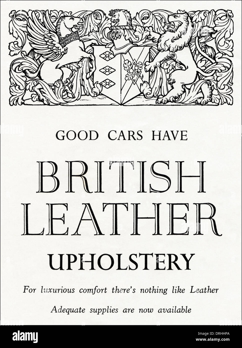 1950s advertisement advertising BRITISH LEATHER upholstery for new cars, advert circa 1952. Stock Photo