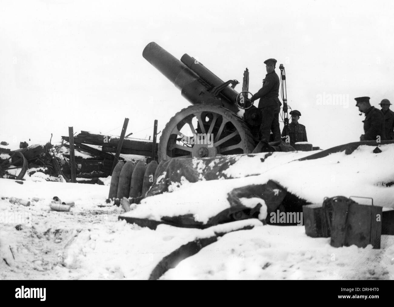 British 8 inch Howitzer in snow, Pozieres, France, WW1 Stock Photo